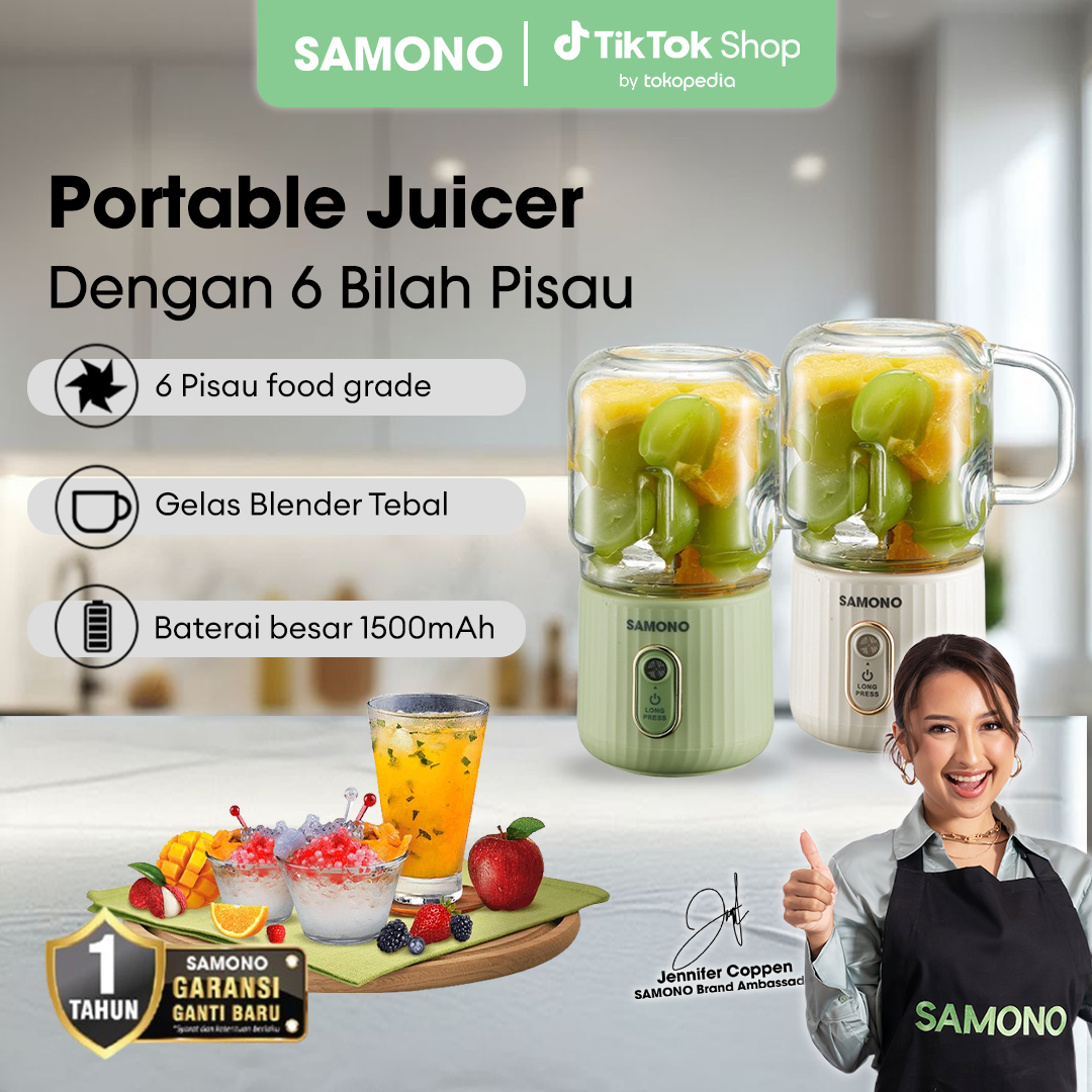 (PAYDAY) Samono Portable Juicer SW-Y5 Plus Blender Mini Nirkabel 6 Pisau Stainless Steel, Motor 40W, Gelas Kaca 350ml