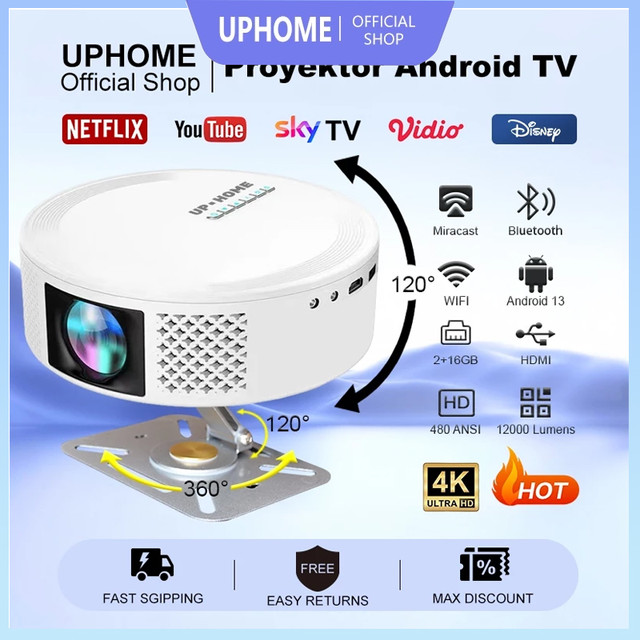 UPHOME T269 PRO Proyektor Mini Portable HP 1080P-4K HDMI WiFi Dual-band 480 Ansl 12000 Lumens Android 13.0 Ram 2G Rom 16G - LED, Screen Projector shade smart portabel 3000:1 
