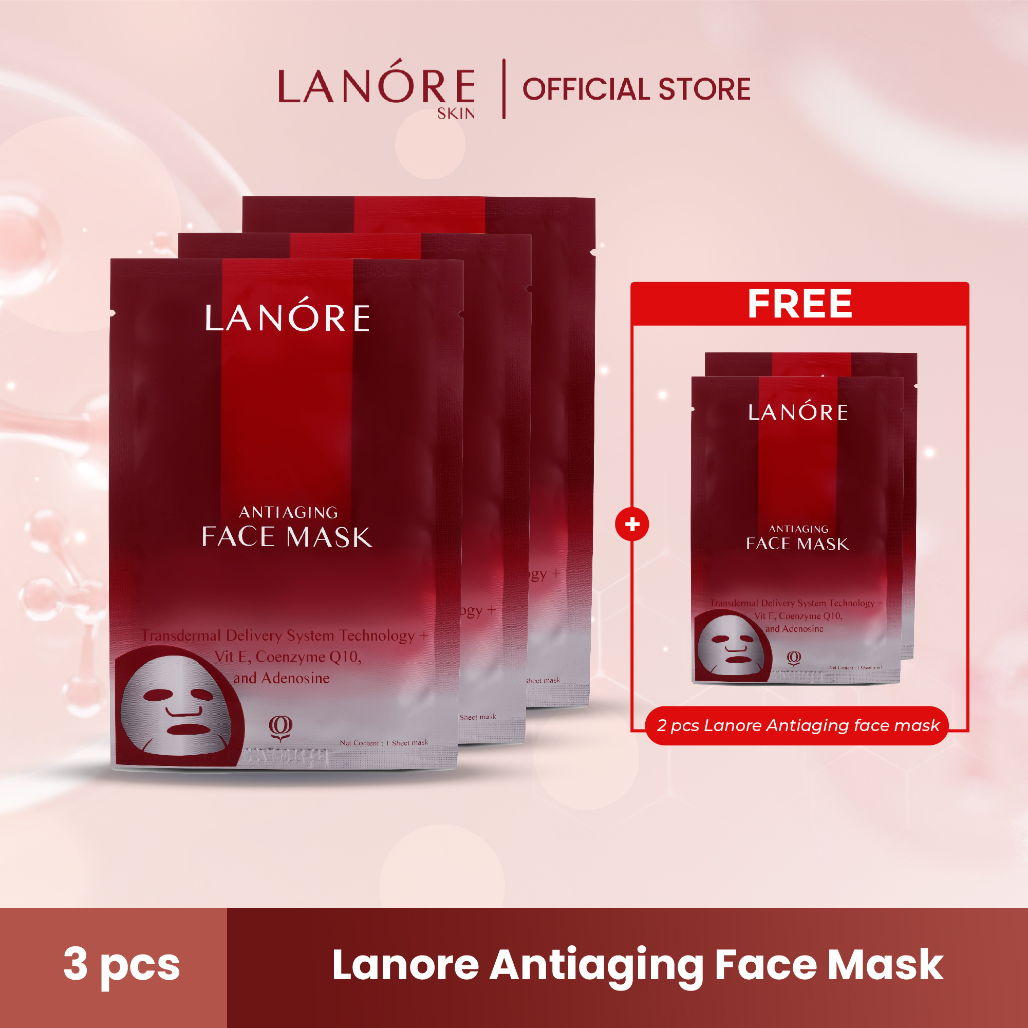 Lanore Anti Aging Face Mask – Triple Pack (3 pcs) [ Masker Muka Sheet Mask Mengurangi Garis Halus ]