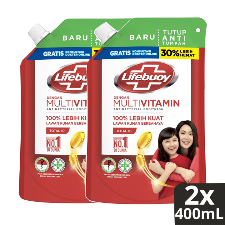 Lifebuoy Sabun Mandi Cair Body Wash Total 10 Antibakteri 400Ml Refill x2