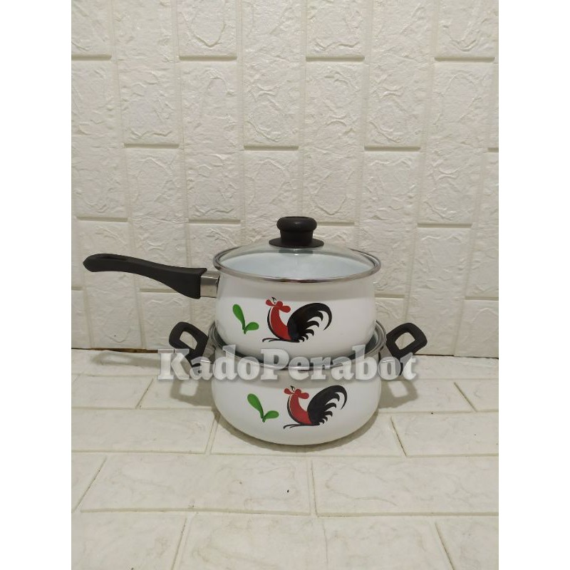 panci enamel ayam - panci putih enamel - panci masak kuah gagang tebal