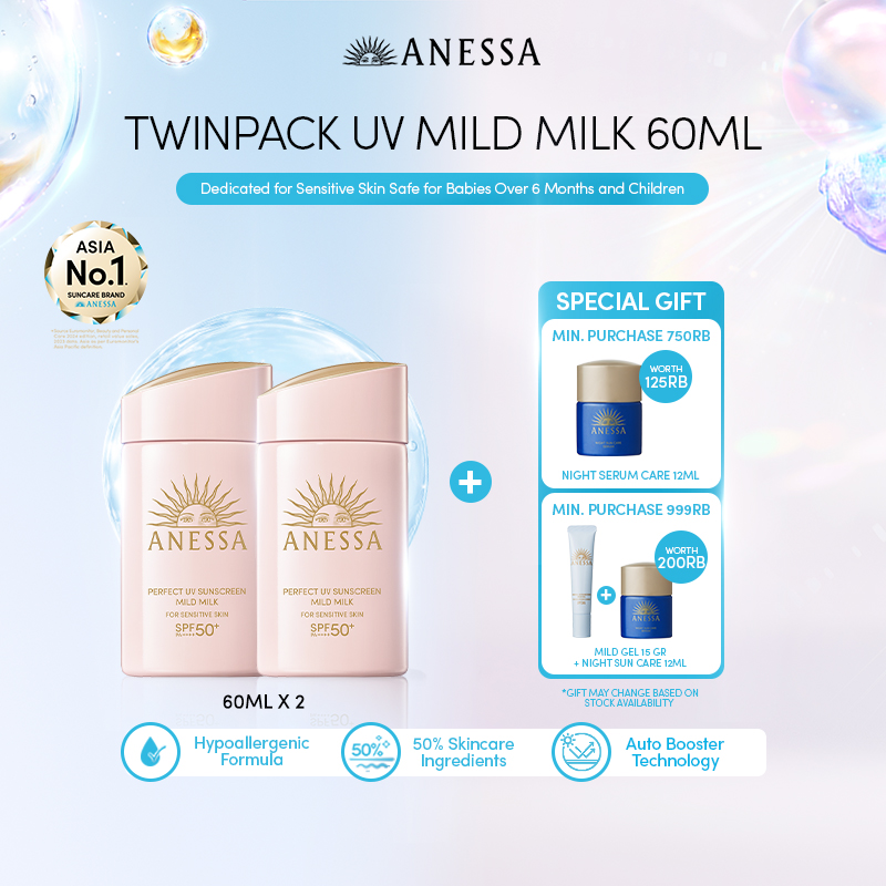 Anessa - Twinpack Perfect UV Sunscreen Mild Milk 60ml - Sunscreen SPF 50++ tekstur seperti susu cocok untuk kulit sensitif