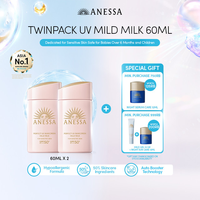 Anessa - Twinpack Perfect UV Sunscreen Mild Milk 60ml - Sunscreen SPF 50++ tekstur seperti susu cocok untuk kulit sensitif