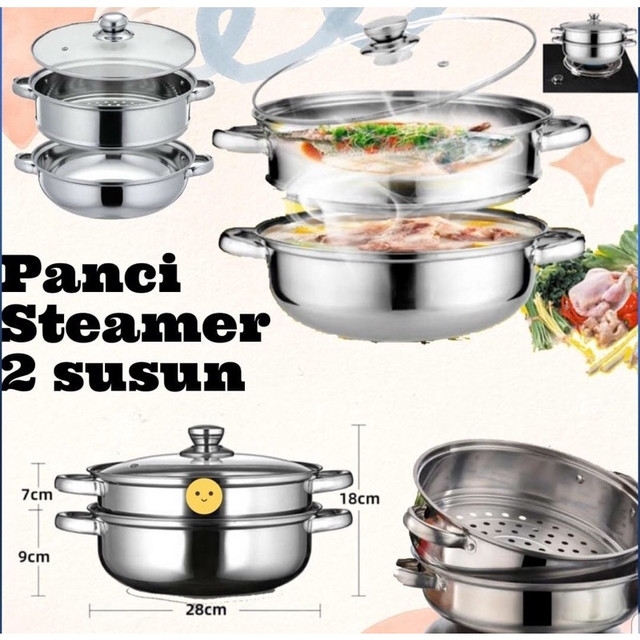 READY STOK Bisa COD Panci Kukus 2 Susun Stainless Steel Double Pan Dandang / Gratis Packing Double Dus dan Bubble Wrap Steamer Pot Siomay 2 Tingkat Serbaguna Tutup Kaca High Quality Lebih Tebal Terlaris Termurah Seperti Freemir Flash Sale / GM Bear