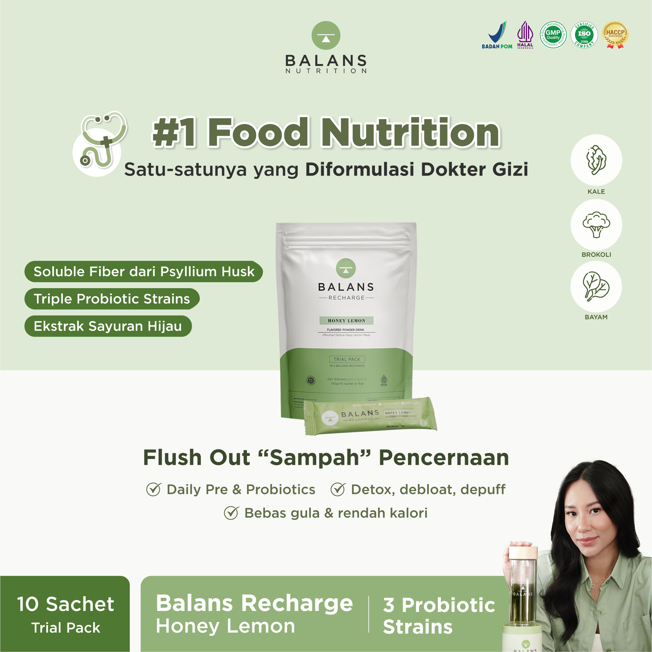 Balans Recharge | Honey Lemon | Fiber & Probiotics Drink - Isi 14 Sachet