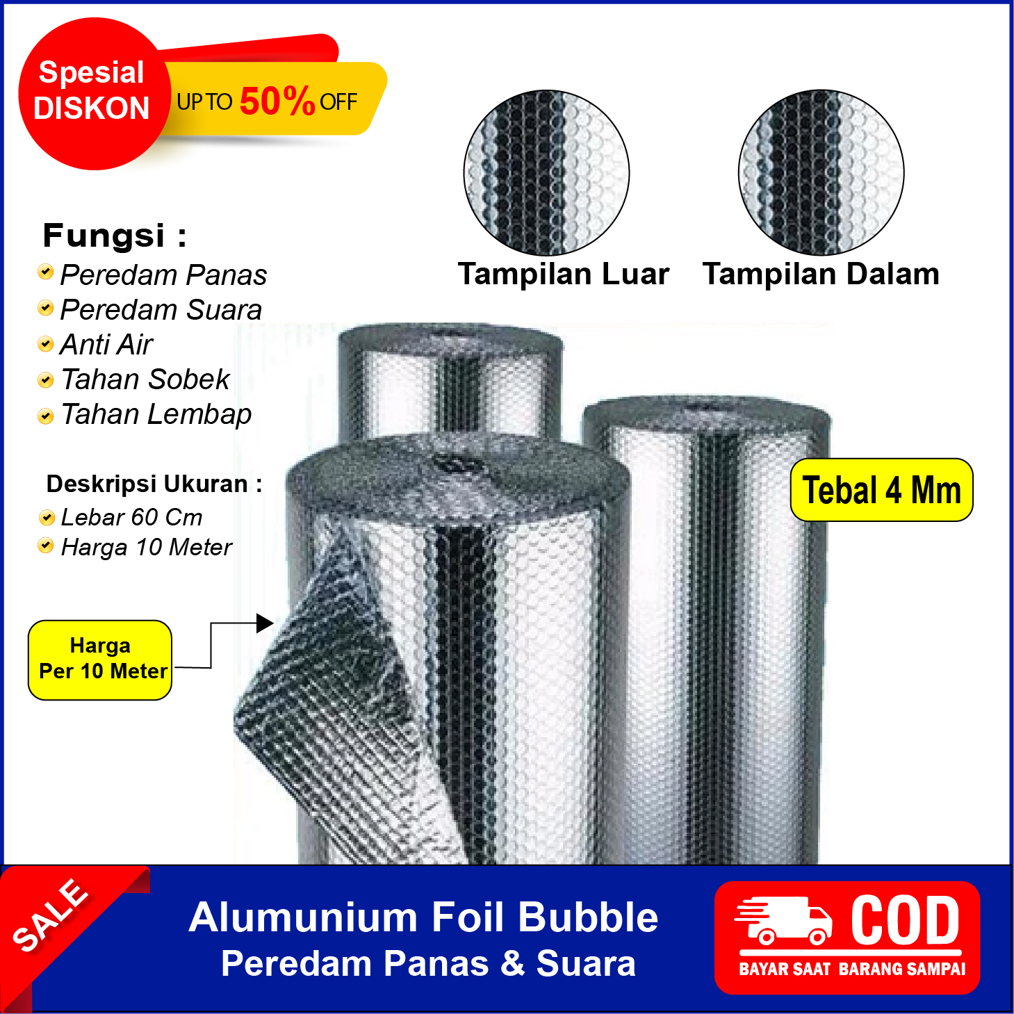 Peredam Anti Panas dan Suara  Buble Almunium Lebar 60cm x Panjang 10 meter