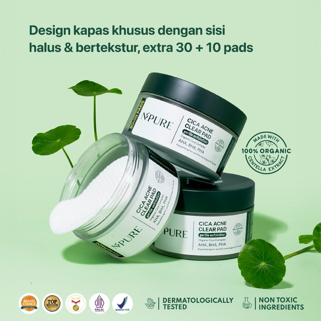 NPURE Cica Clear Pad jar isi 40 - Kapas eksfoliasi praktis dengan mudah membersihkan sel kulit mati dan kusam aman untuk kulit sensitif