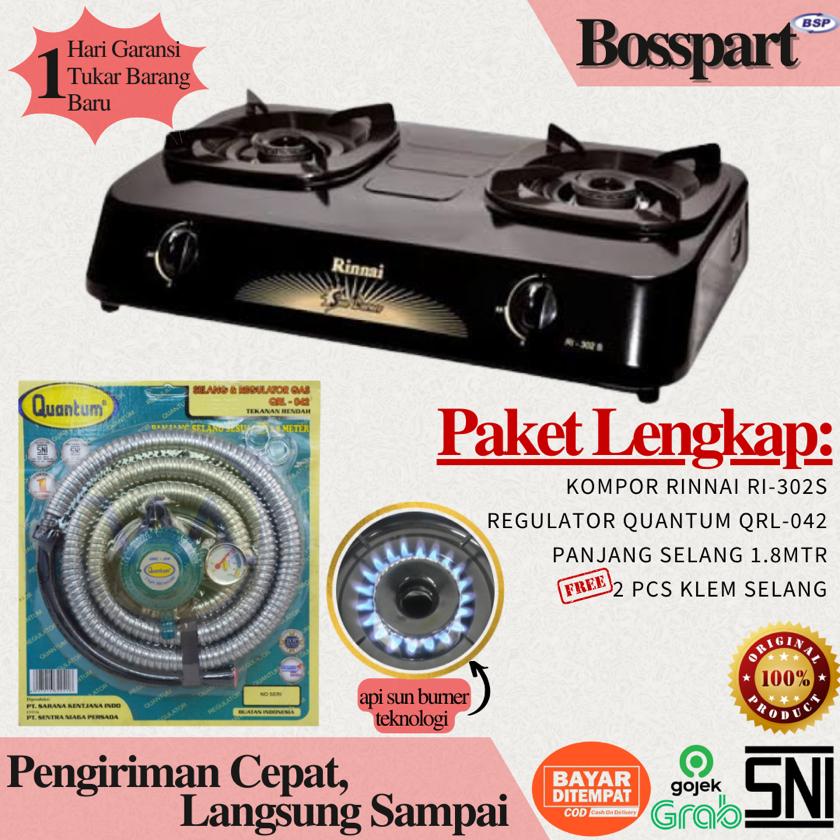 Paket Kompor Gas Rinnai 2 Tungku Ri-302s bonus selang regulator Quantum QRL-032 / QRL-142 / QRL-042 / Paket Kompor Murah / Kompor Gas Murah