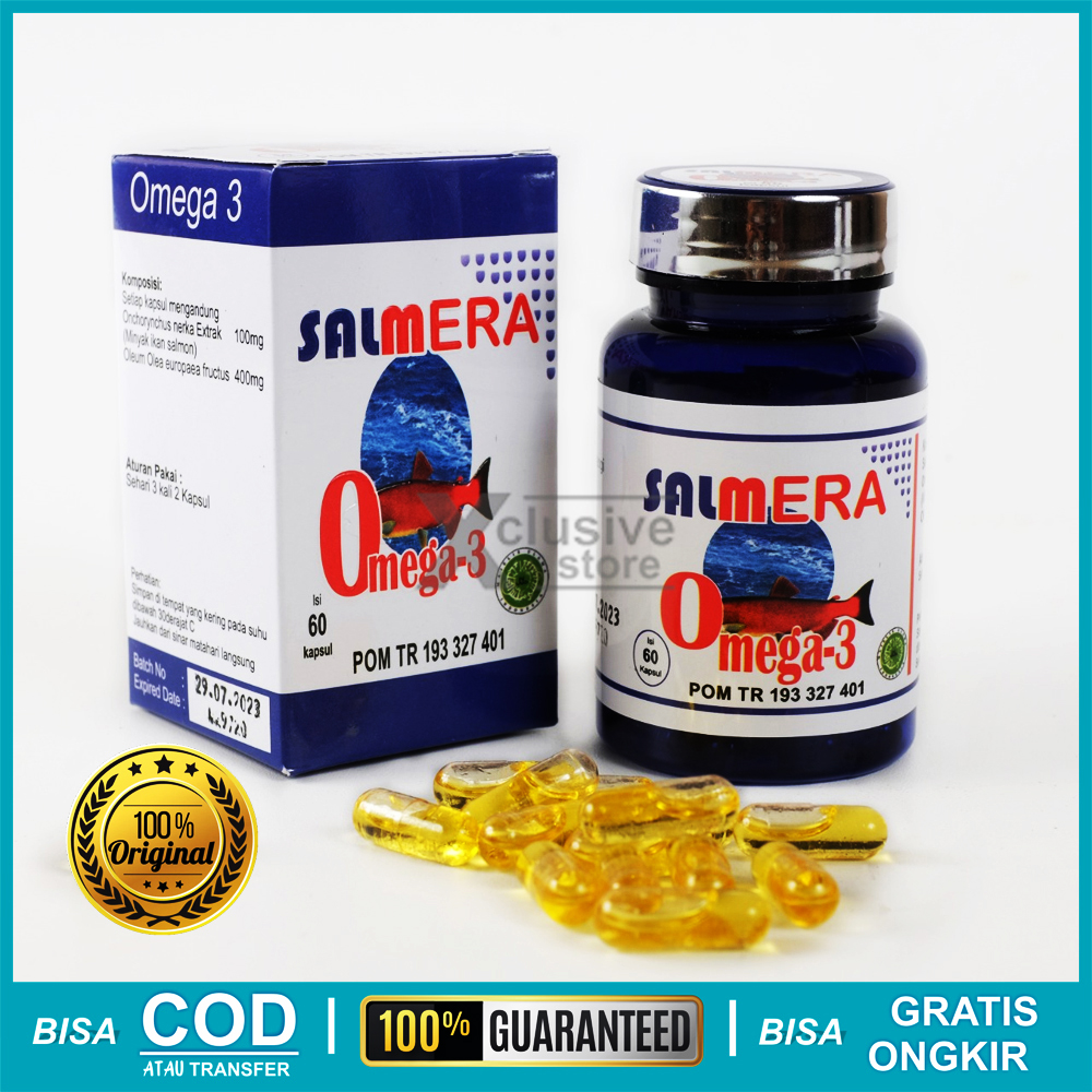 Minyak Ikan salmon Salmera 60 kapsul /Minyak ikan salmon kaya omega 369EPADHAVItamin ADEMeningkatkan kemampuan otak dan fungsi syaraf pusatMenurunkan kadar kolesterol