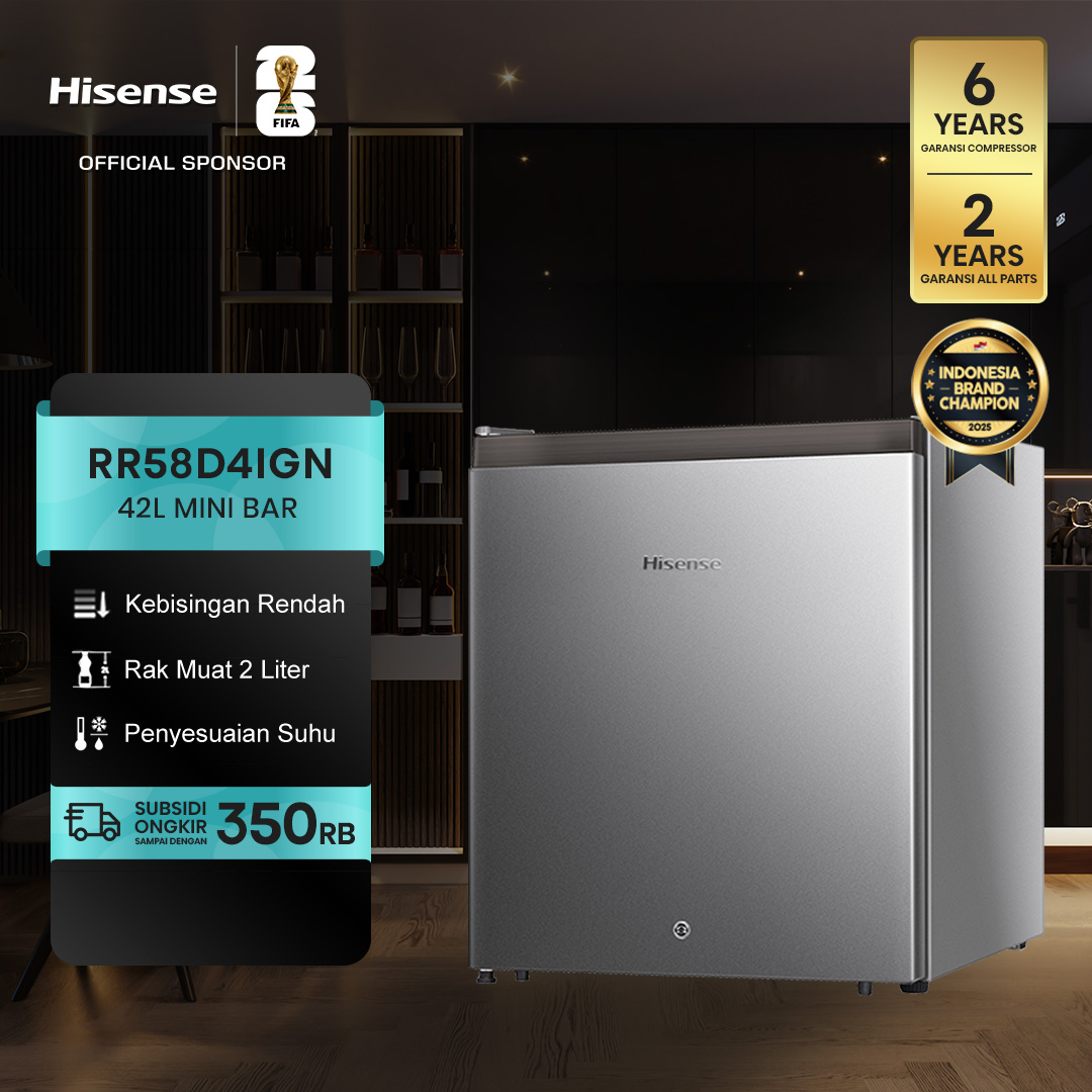 Hisense Kulkas Mini Bar Kulkas 1 Pintu - RR58D4IGN (Refrigerator) Lemari Es Portable  - Silver 【Net Capacity 42L】 【Space-Friendly】【Low Noise】【Separate Chiller】