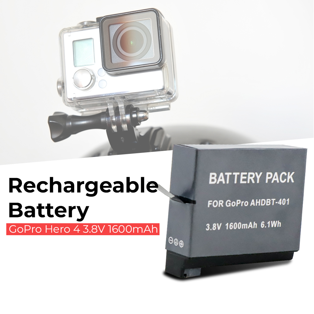 Baterai Cadangan Rechargeable Battery 3.8V 1600mAh for GoPro Hero 4 - AHDBT-401 (Replika 1:1) - Black OMBT35BK