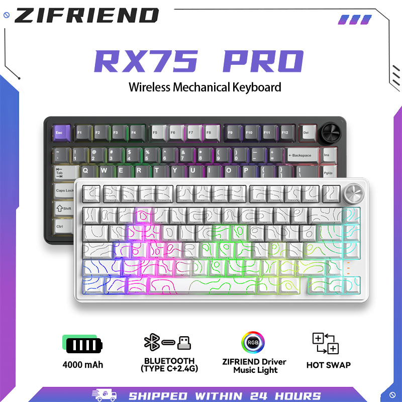 ZIFRIEND RX75Pro Wireless Mechanical Keyboard 75% Layout RGB 3-5Pin Hot swap Independently Driven Gaming keyboard【12M Warranty 】