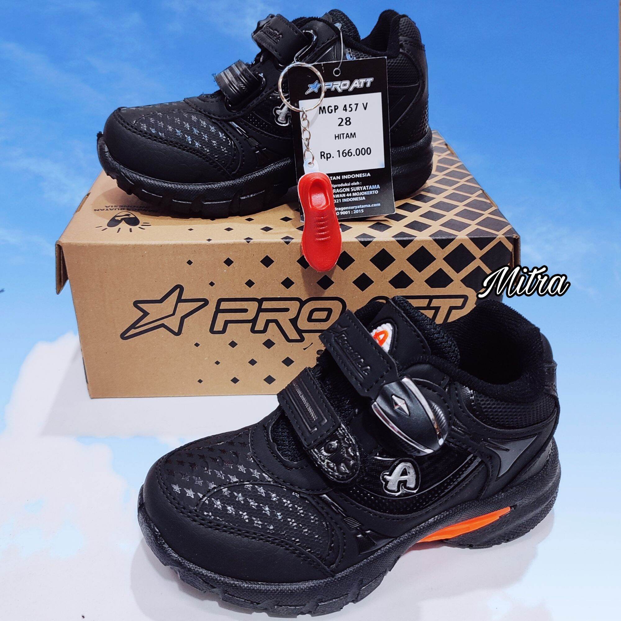 Sepatu Anak Sekolah TK SD Cowok Cewek Hitam Pro Att Mgp Magnet Perekat Tempel Anti Slip Size 28 - 37