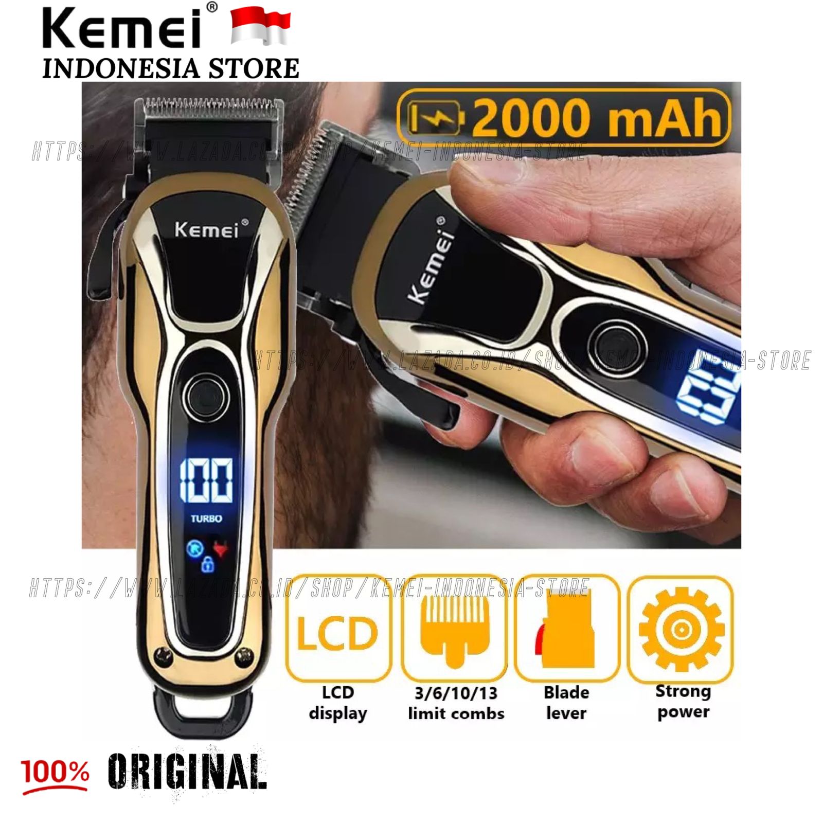 Kemei KM 1990 Alat Cukur Rambut Turbo Power Hair Clipper Professional Cordless Mesin Cukuran KM-1990