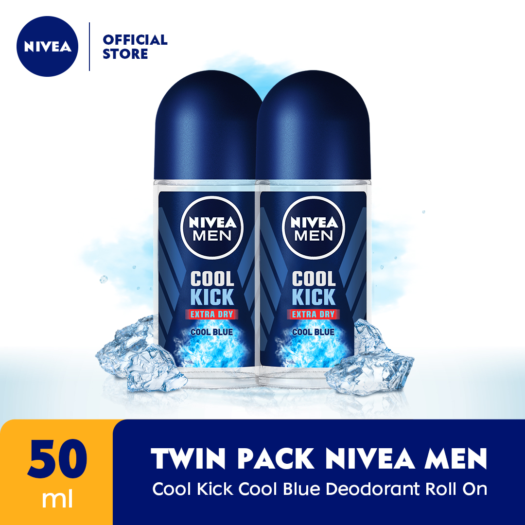 (PAKET HEMAT ISI 2) NIVEA MEN Deodorant Roll On Cool Kick 50ml - Deodoran pria perlindungan ekstra kering dari keringat bau badan dan sensasi dingin dan wangi sporty seharian - Antiperspiran tidak men