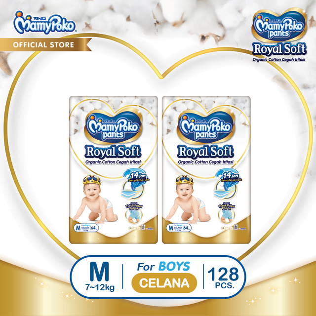 MamyPoko Pants Royal Soft Organic Cotton Boys ukuran M64 x2 (7-12kg) - Popok Bayi