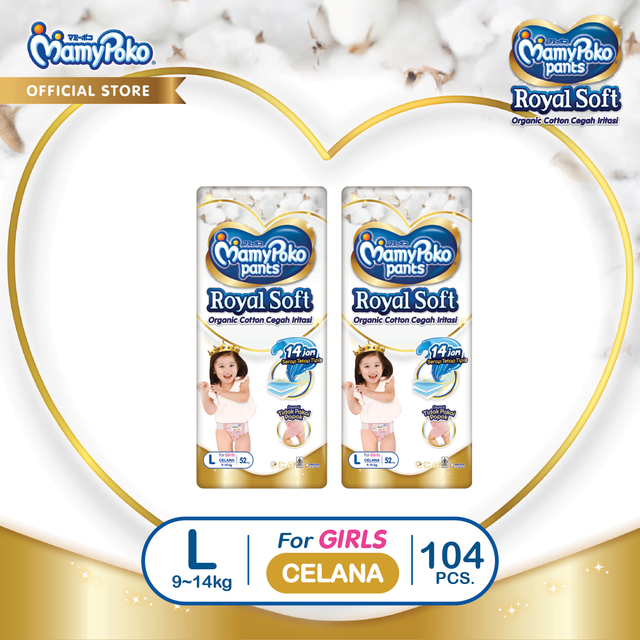 MamyPoko Pants Royal Soft Organic Cotton Girls ukuran L52 x2 (9-14kg) - Popok Bayi