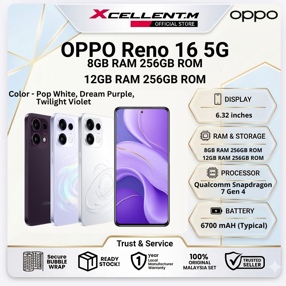 OPPO Reno 16 (5G) [8GB RAM 256GB ROM / 12GB RAM 256GB ROM] - Original OPPO Malaysia