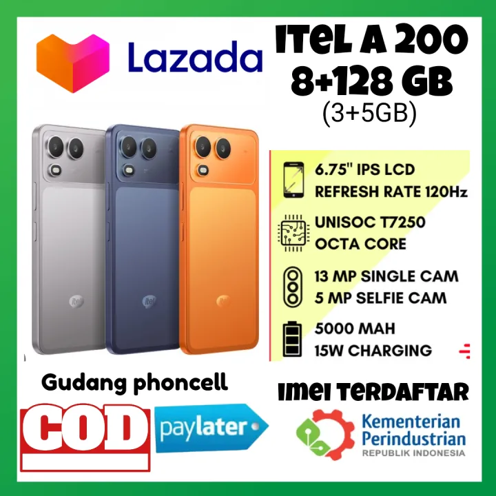 Itel A200 8+128 GB (3+5GB) Smartphone Layar IPS LCD 6.75" Refresh Rate 120Hz Unisoc T7250 Octa Core Kamera 13 MP 5000 mAh | Lazada Indonesia