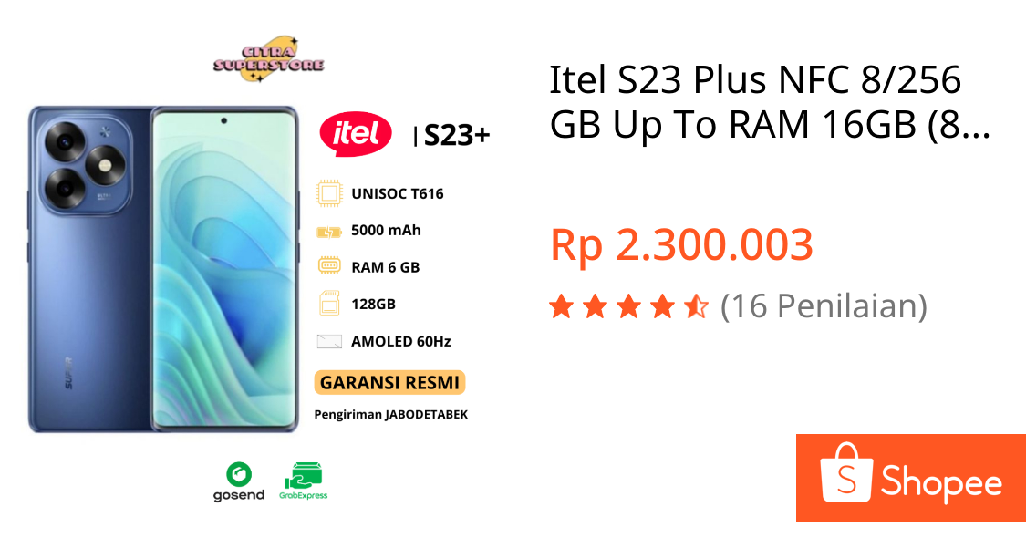 Jual Itel S23 Plus NFC 8/256 GB Up To RAM 16GB (8+8GB) Type : AMOLED, 500 nits (peak) | Shopee Indonesia