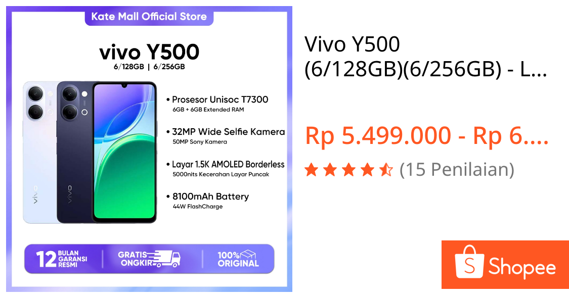 Jual Vivo Y500 (6/128GB)(6/256GB) - Layar 1.5K AMOLED Borderless IP68/69 Tahan Air Ekstrem Garansi Resmi | Shopee Indonesia