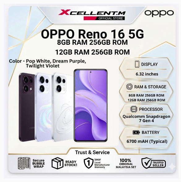 OPPO Reno 16 (5G) [8GB RAM 256GB ROM / 12GB RAM 256GB ROM] - Original OPPO Malaysia