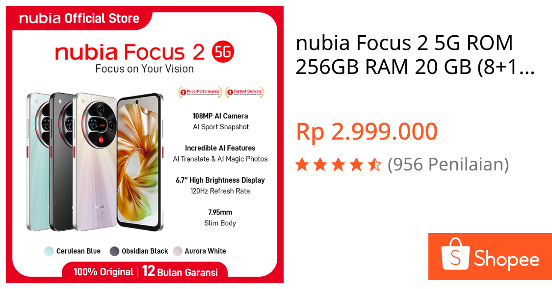 Jual nubia Focus 2 5G ROM 256GB RAM 20 GB (8+12 GB) Smartphone Kamera AI 108 MP Layar 6.7" 120Hz, Baterai 5000 mAH Fast Charging | Shopee Indonesia