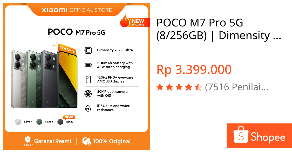 Jual POCO M7 Pro 5G (8/256GB) | Dimensity 7025-Ultra | 5110mAh battery | 120Hz FHD+ eye-care AMOLED display | 50MP dual camera with OIS [Official Store] | Shopee Indonesia