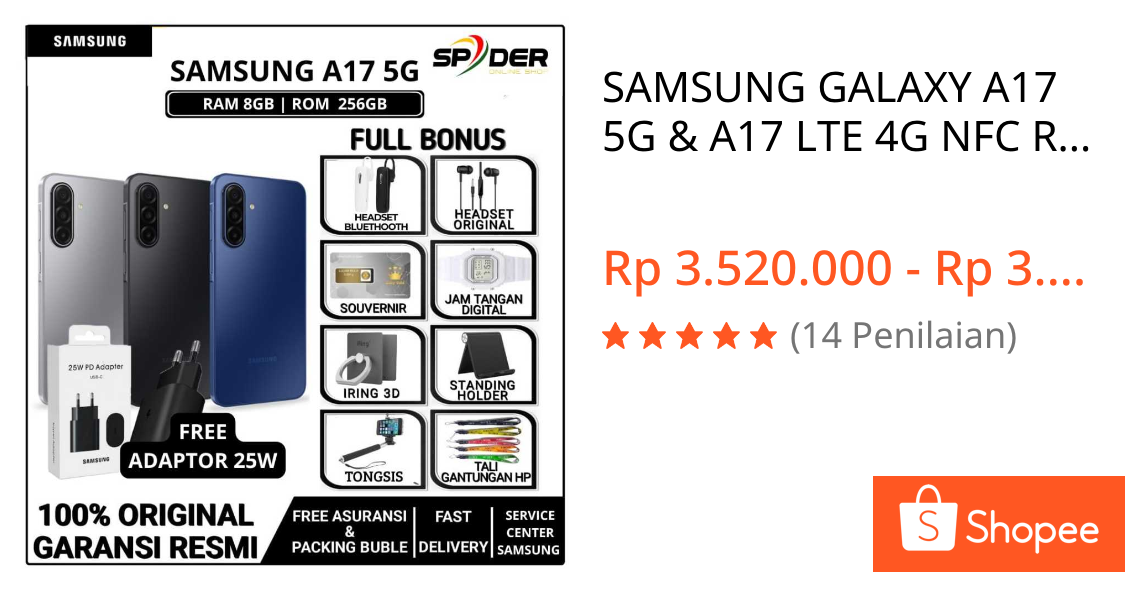 Jual SAMSUNG GALAXY A17 5G & A17 LTE 4G NFC RAM [8/128GB] [8/256GB] (Super AMOLED + 90Hz ,5,000mAh 25W Fast Charging) GARANSI RESMI INDONESIA | Shopee Indonesia