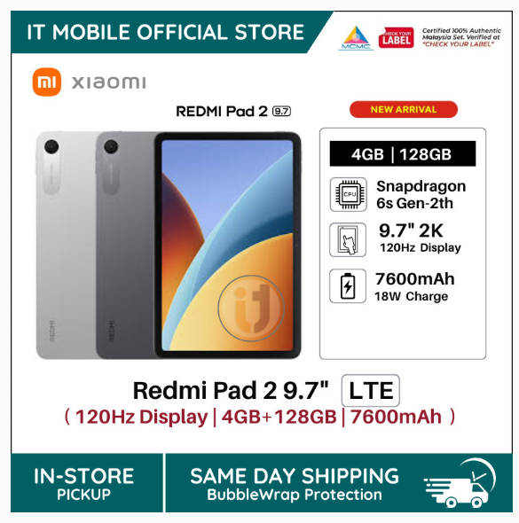 REDMI Pad 2 9.7 WiFi / 4G Tablet 4GB+128GB ROM 7600mAh massive power Snapdragon 6s 4G Gen 2 Mobile