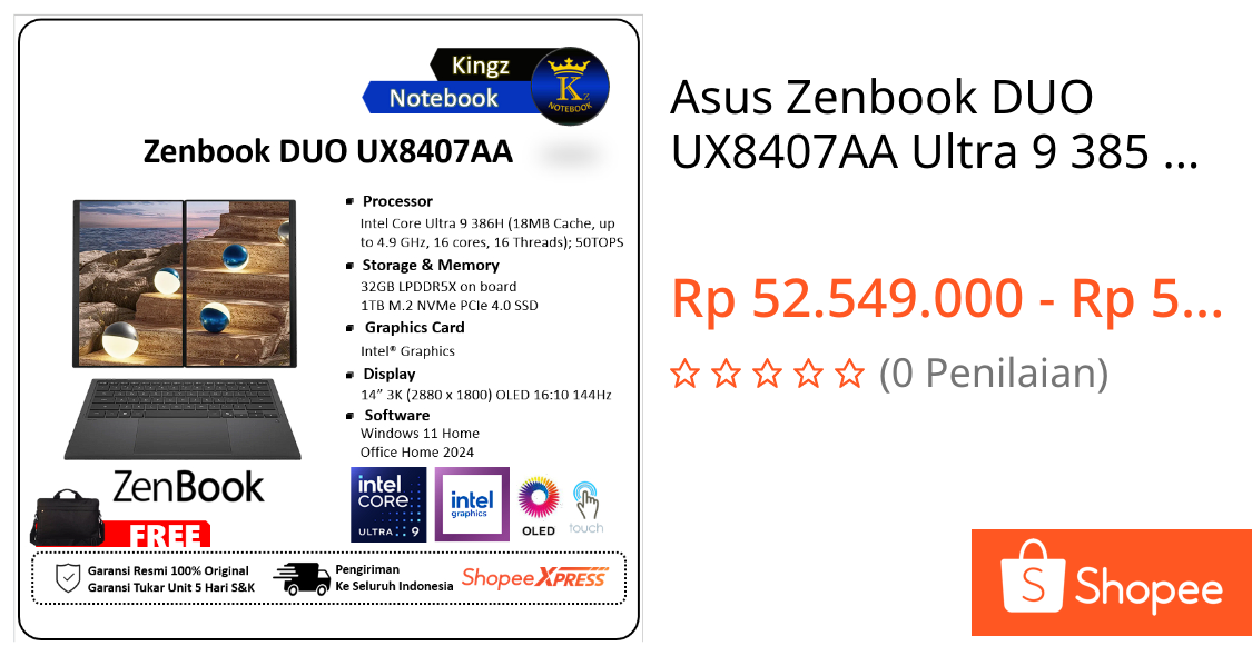 Jual Asus Zenbook DUO UX8407AA Ultra 9 385 32GB 1TB SSD Win11+Office 2024 2x 14" 3K OLED 144Hz | Shopee Indonesia