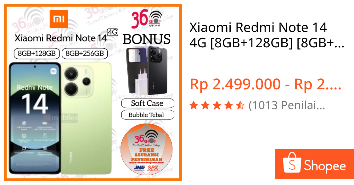 Jual Xiaomi Redmi Note 14 4G [8GB+128GB] [8GB+256GB] - AMOLED 6,67 Inch - Kamera utama 108MP - Battery 5500mAh Garansi Resmi 1 Tahun | Shopee Indonesia