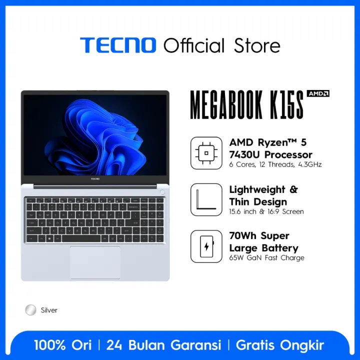 TECNO MEGABOOK K15S – 8+512GB, AMD Ryzen 5 – 7430U Processor, 70Wh Battery up to 17.5hours, 65Watt GaN Fast Charging, 15.6inch , Garansi 24 Bulan | Lazada Indonesia
