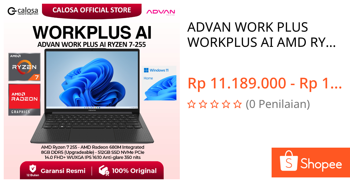 Jual ADVAN WORK PLUS WORKPLUS AI AMD RYZEN 7-255 14'' RAM 8GB 512GB SSD Windows 11 Garansi resmi Workplus 7 255 rekomendasi laptop ai boost technology multitasking lancar untuk kuliah dan kerja Garansi resmi | Shopee Indonesia