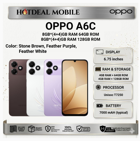 OPPO A6c [8GB*(4+4)GB RAM 64GB/128GB ROM] / A5i - Original OPPO Malaysia