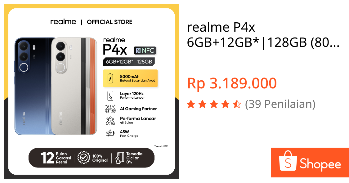 Jual realme P4x 6GB+12GB*|128GB (8000mAh Baterai Besar dan Awet | Layar 120Hz Performa Lancar | AI Gaming Partner | Performa Lancar 48 Bulan) | Shopee Indonesia