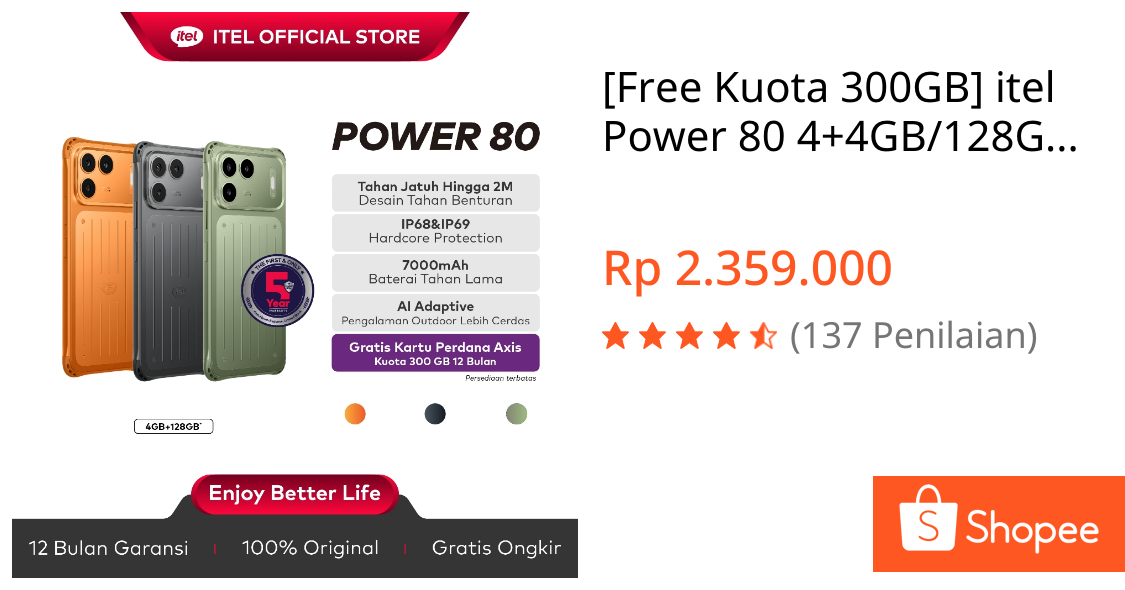 Jual [Free Kuota 300GB] itel Power 80 4+4GB/128GB - Rugged Smartphone | Baterai 7000mAh | IP68/IP69 Tahan Air dan Debu | Tahan Jatuh Hingga 2M | 50MP AI Camera | Cage Frame - Desain Kokoh | Shopee Indonesia