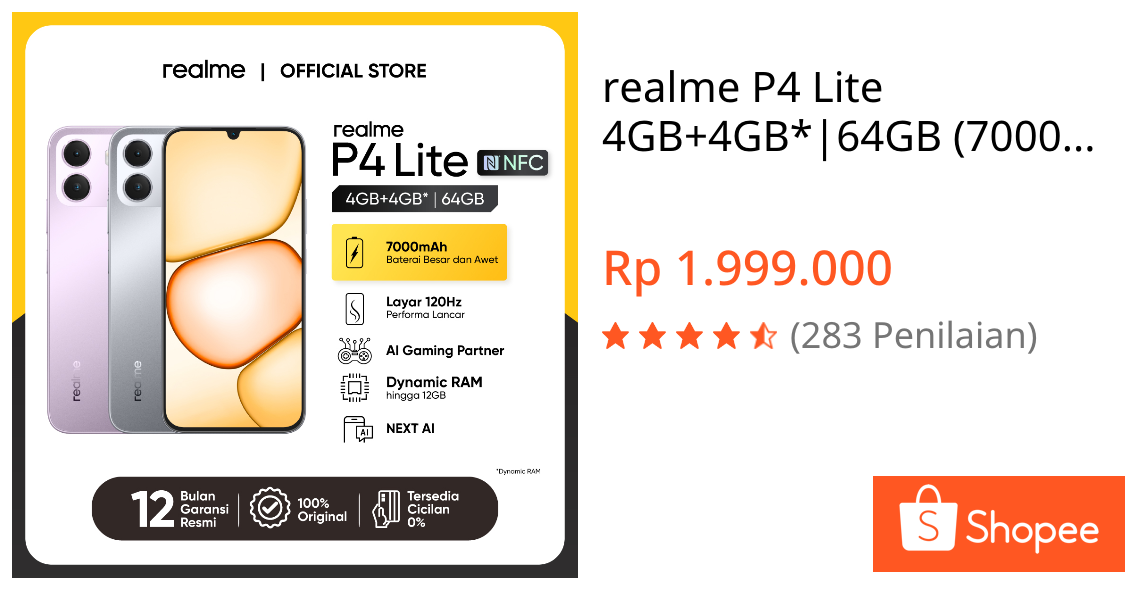 Jual realme P4 Lite 4GB+4GB*|64GB (7000mAh Baterai Lebih Awet | Layar 120Hz Performa Lancar | AI Gaming Partner | Next AI) | Shopee Indonesia