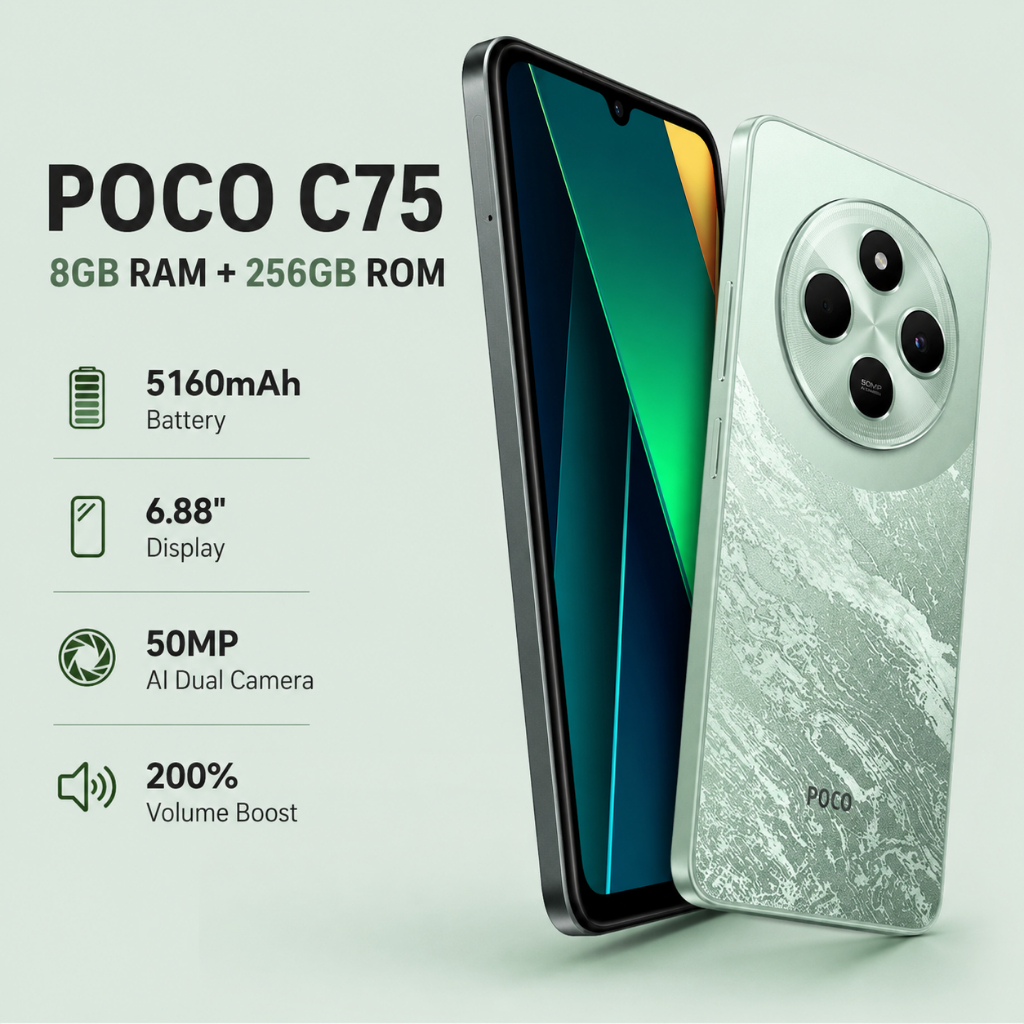 POCO C75 Smartphone 6.88'' 120Hz Display 8GB RAM+256GB ROM 5160 mAh Battery NFC Supported
