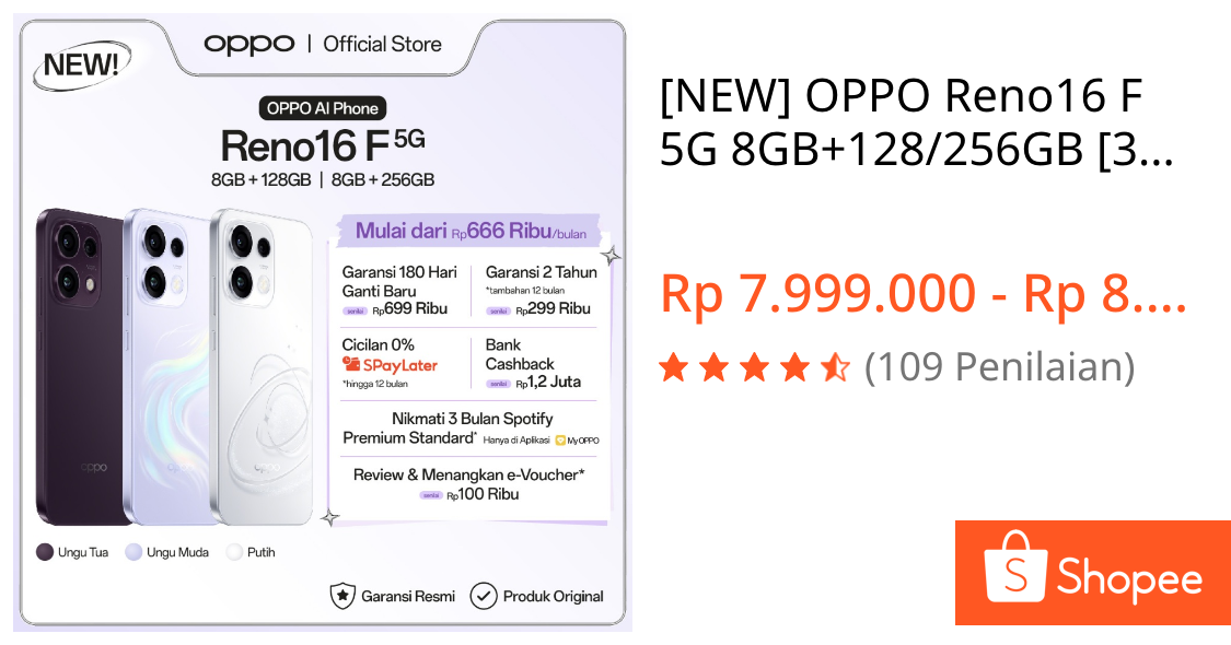 Jual [NEW] OPPO Reno16 F 5G 8GB+128/256GB [3D Pop Planet Design, AI Remix Collage, 50MP Ultra-wide Selfie Camera] | Shopee Indonesia