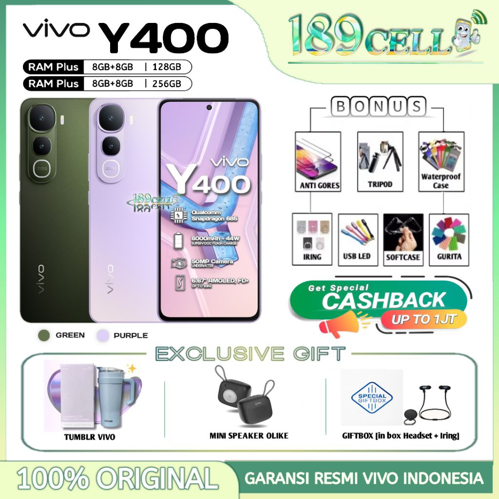 Jual VIVO Y400 RAM [8/128GB] [8/256GB] - 50MP Camera Underwater, AMOLED Screen IP68 - Garansi Resmi Vivo | Shopee Indonesia