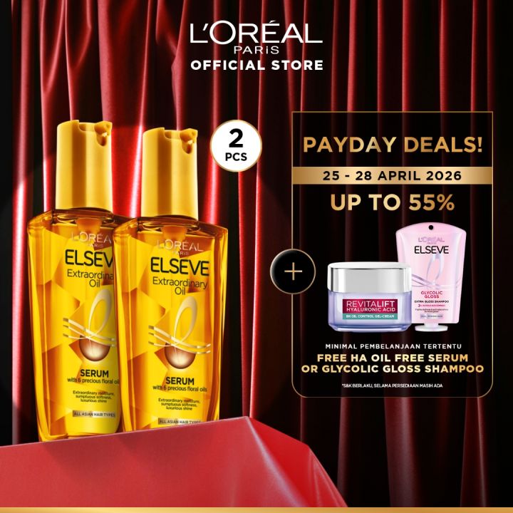 [PAKET HEMAT ISI 2] LOreal Paris Elseve Extraordinary Oil Gold Hair Treatment Serum 100mlx2Pcs - Rambut Halus Berkilau dalam Satu Pemakaian - dari Bunga Istimewa Omega 3 - Perawatan Rambut Vitamin Rambut Twinpack 100ml Rambut Kering Kusam Treatment