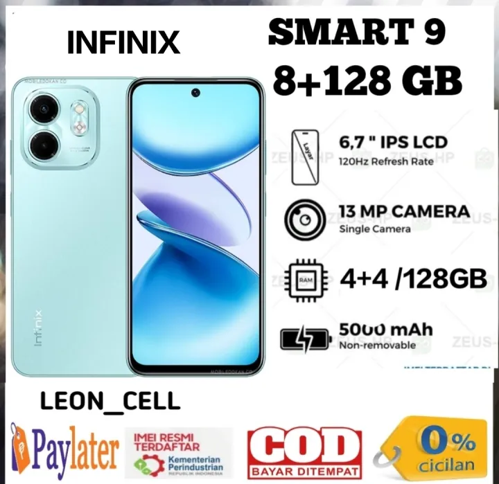 Infinix Smart 9 Ram 8+128 GB helio G81 (gaming processor) layar 6.7 in 5000 mAh garansi 1 tahun (imei terdaftar)