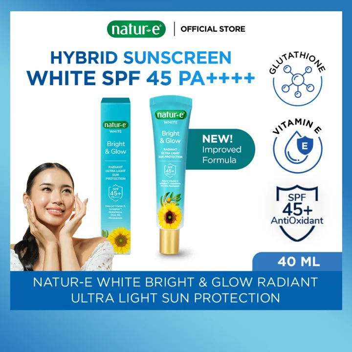 Natur-E White Bright & Glow Radiant Ultra Light Sun Protection SPF 45+ PA++++ 40 ml - Hybrid Sunscreen Wajah Tone Up Ringan Melembabkan dan Mencerahkan Kulit, Vitamin E, Gluthatione, Niacinamide | Lazada Indonesia