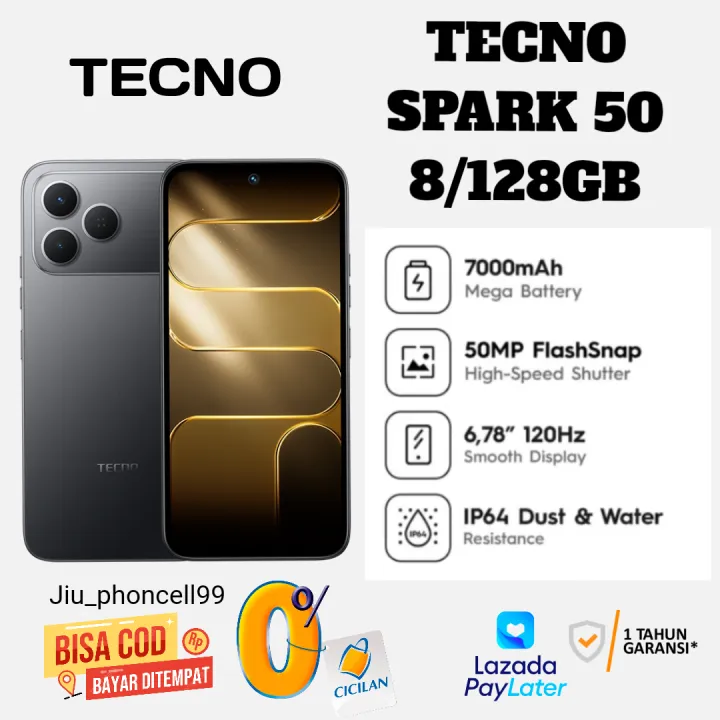 Tecno Spark 50 8/128GB 7000mAh Mega Battery 50MP FlashSnap High-Speed 6.78" 120Hz IP64 Dust & Water Resistance 1 Tahun Garansi Resmi | Lazada Indonesia