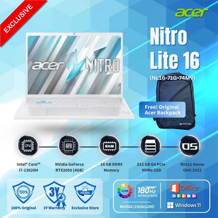 Jual Acer Nitro Lite 16 | i7 13620H RTX2050 [4GB] 16GB 512GB SRGB100 180Hz | W11+OHS 16.0WUXGA - NL16-71G-74MV - Unit Only | Shopee Indonesia
