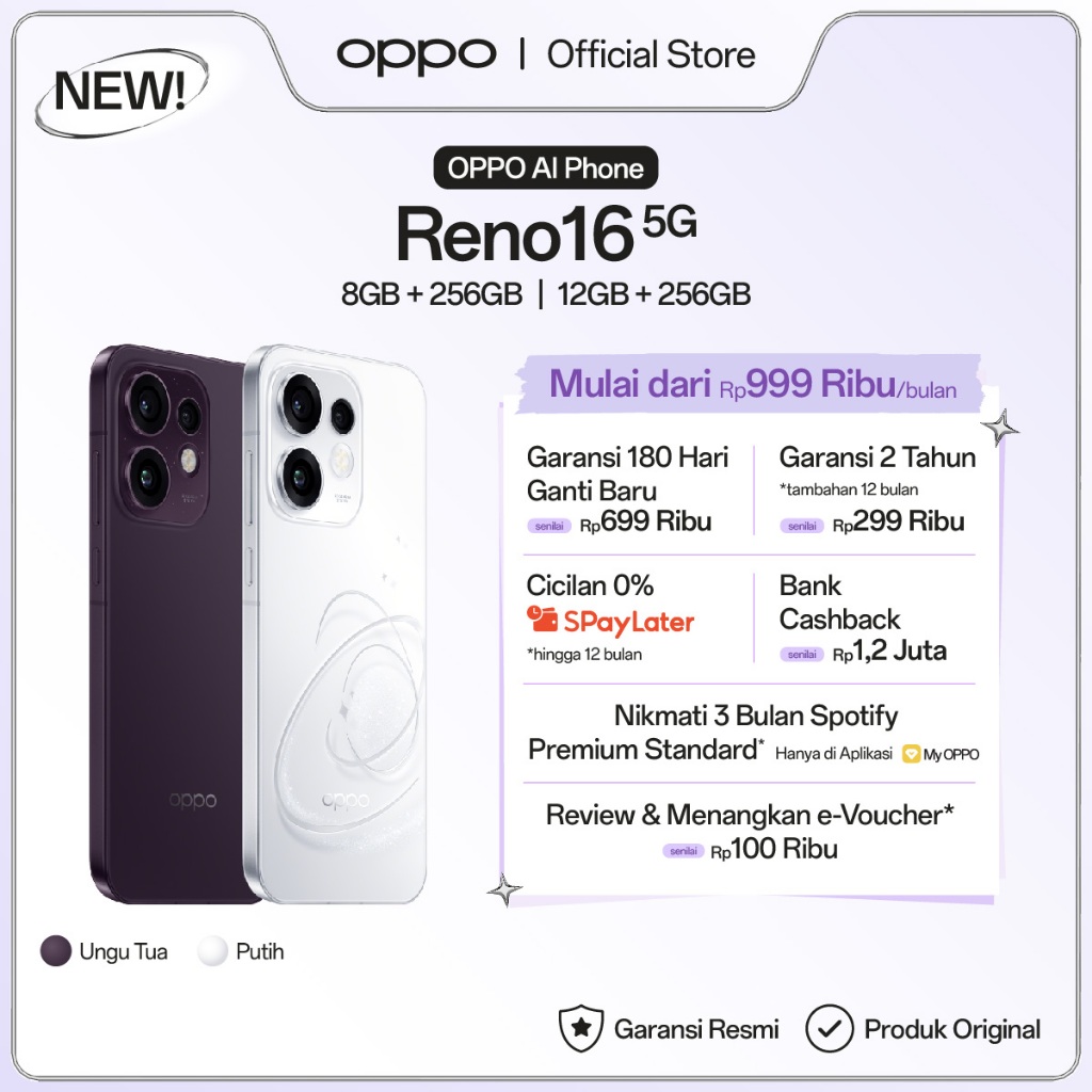 Jual [NEW] OPPO Reno16 5G 8GB+256GB/12GB+256GB [3D Pop Planet Design, AI Remix Collage, 50MP Ultra Wide Selfie Camera] | Shopee Indonesia