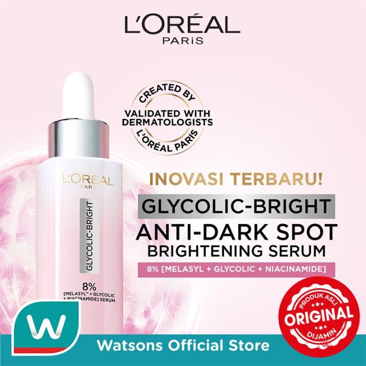 LOreal Paris Glycolic Bright 8% [MELASYL + GLYCOLIC + NIACINAMIDE] Anti-Dark Spot Brightening Serum 30ml - Loreal Glyco Serum Pink Facial Face Skin Care