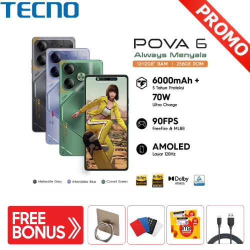 TECNO POVA 6 - 12+12GB*+256GB, 70W Ultra Charge + 6000mAh + 5 Tahun Proteksi, 120Hz 6,78" FHD+ Amoled, 90FPS Gyroscope, Dual Speaker Dolby Atmos, Ultra Thin Body, 108MP Ultra Vivid Camera, Android 14 - Always Menyala | Lazada Indonesia
