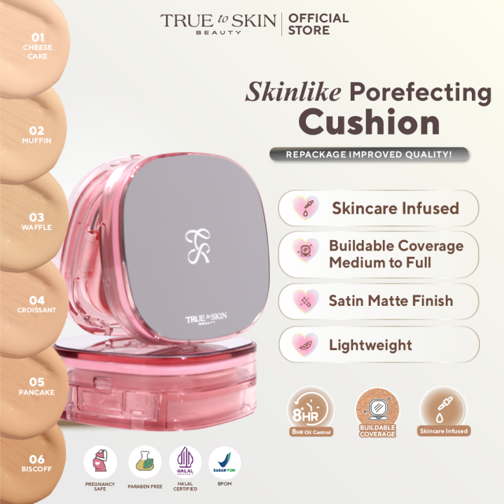 True to Skin - Skinlike Porefecting Cushion SPF 35 PA++++ Medium to High Coverage Satin Matte Finish Lightweight Tidak menyumbat pori pori